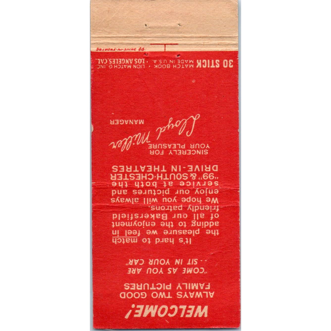 South-Chester Drive-In Theatre Bakersfield CA Advertising Matchbook Cover SA1-M6