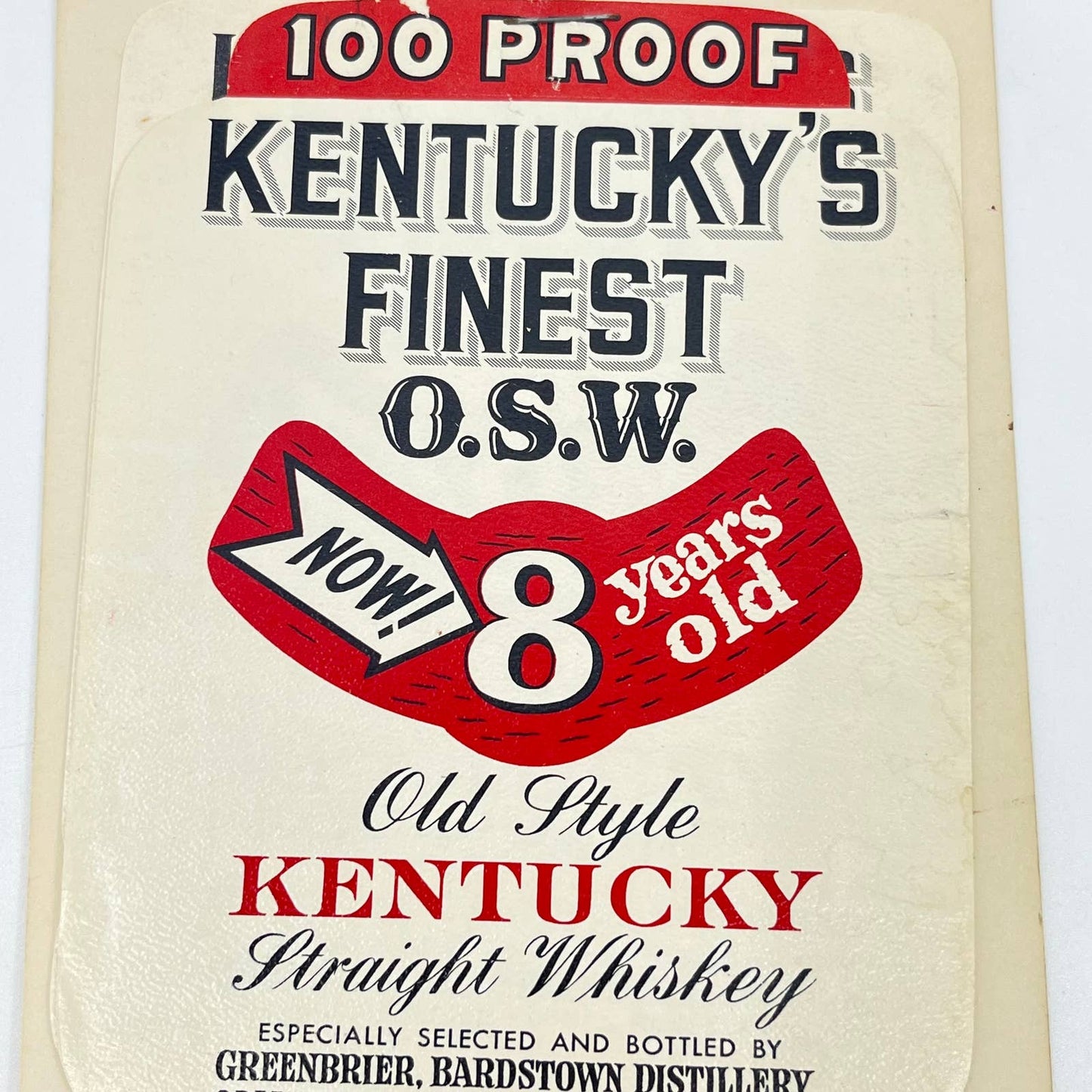 Kentucky’s Finest OSW Whiskey Label Set of 2 Greenbrier Bardstown Distillery KY