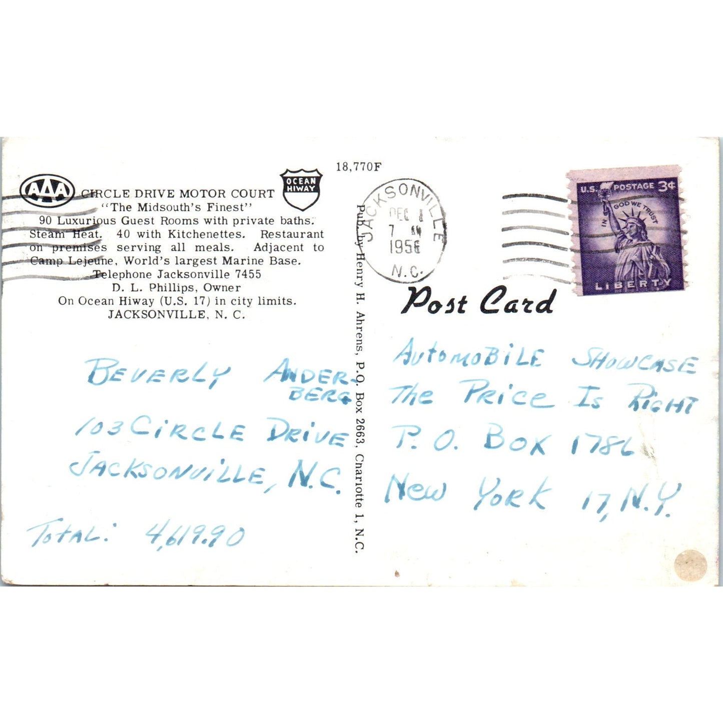 Circle Drive Motor Court Jacksonville NC D.L. Phillips 1956 Postcard P1-13