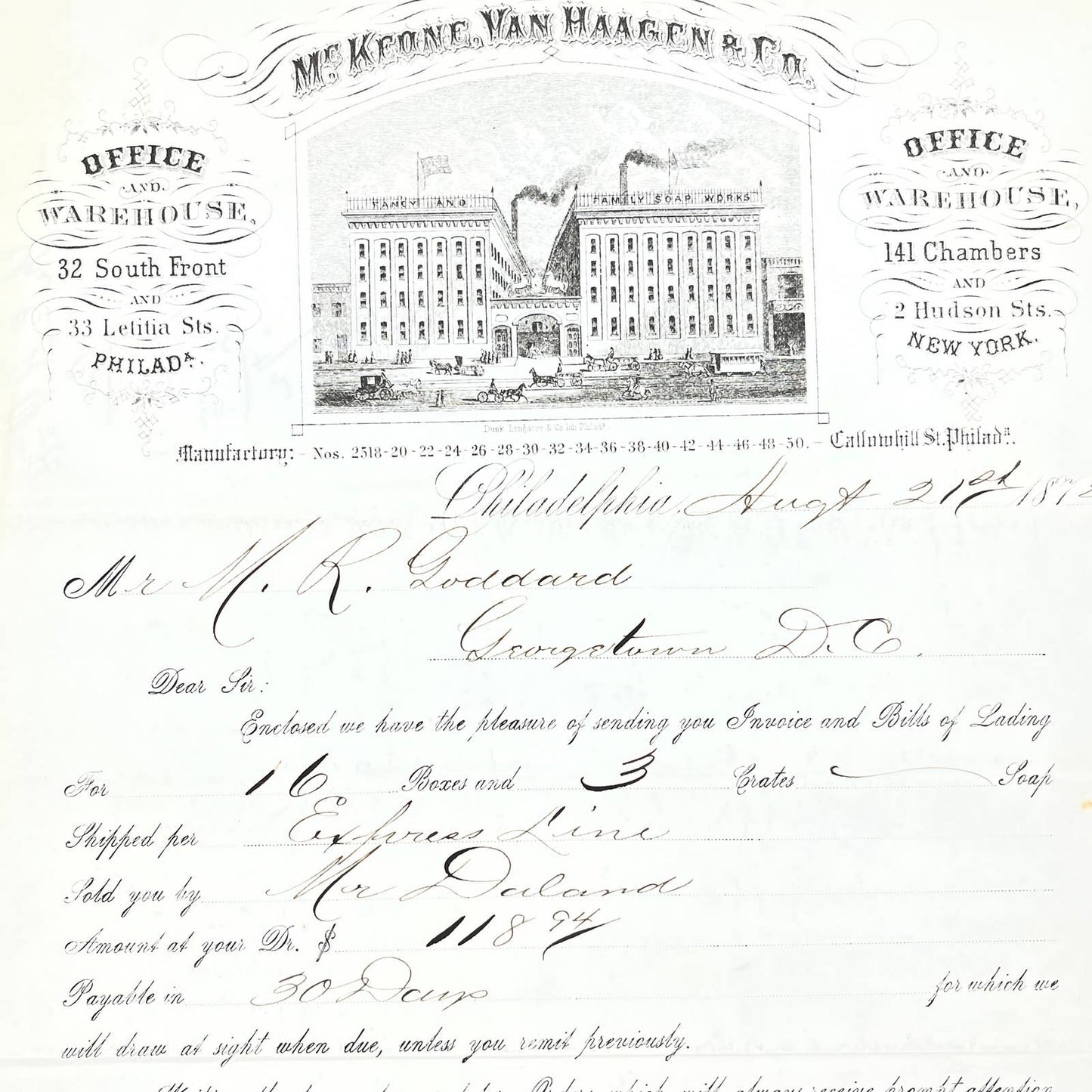 1872 Letterhead PO McKeone, Van Haagen & Co PA to M.R. Goddard Georgetown AC2