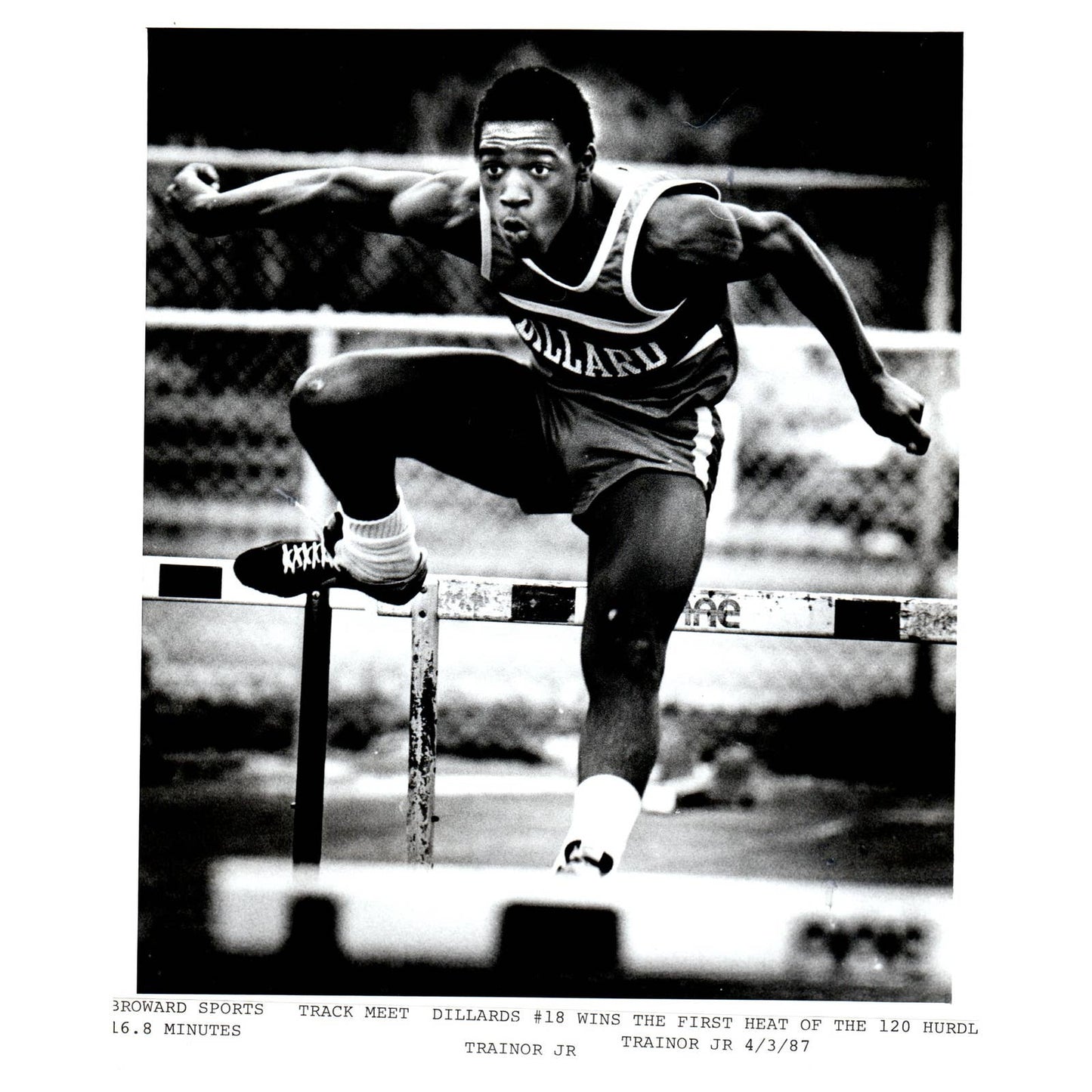 1987 Original Press Photo Track & Field Hurdles Dillard #18 Trainor Jr 8x10" AD2