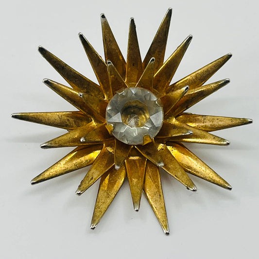 1950s MCM MOD Atomic Starburst Brooch Gold Tone Huge Rhinestone SA6