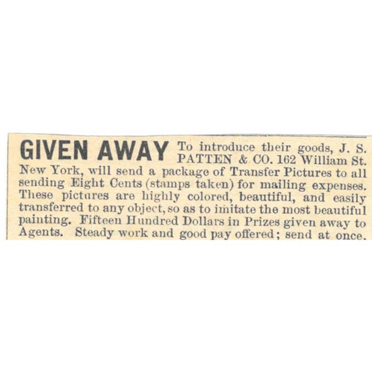 J.S. Patten & Co Transfer Pictures - Ad 1878 Original TJ7-L2-2