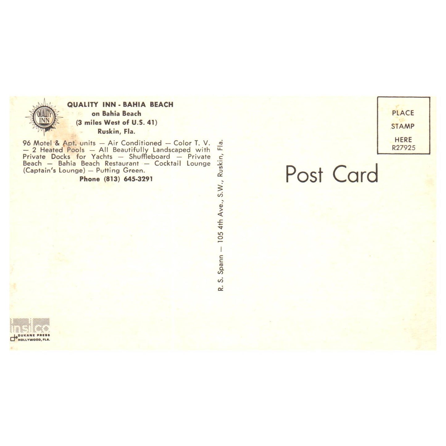 Vintage Postcard - Quality Inn Bahia Beach Ruskin Florida AD9