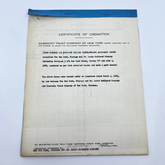 1954 New York, Ohio and St. Louis Railroad Company Certificate of Cremation AB2