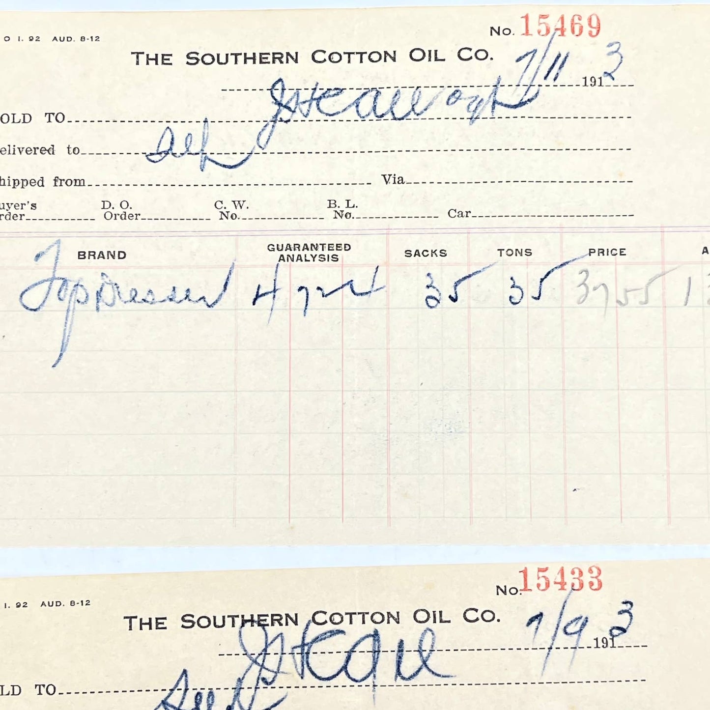 1913 Southern Cotton Oil Company Letterhead Receipt Allendale SC Set of 2 AC3-2