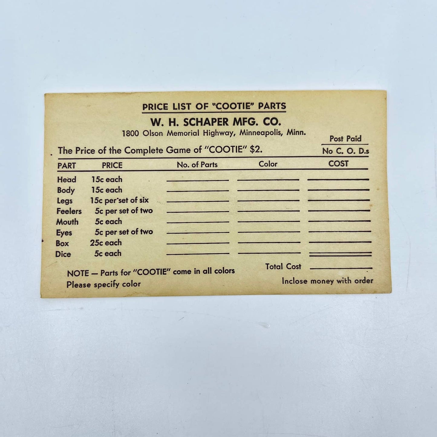 1950s Cootie Game - Price List of Cootie Parts W.H. Schafer Mfg Co MPLS MN SC9