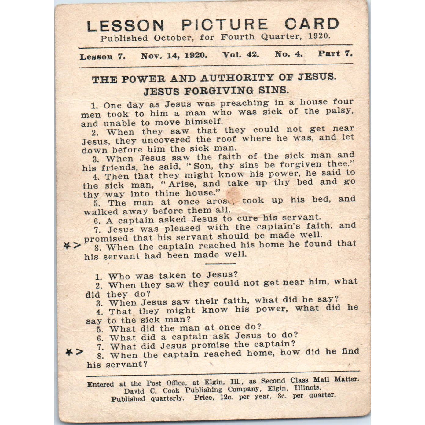1920 Christian Lesson Picture Card The Power and Authority of Jesus SE5