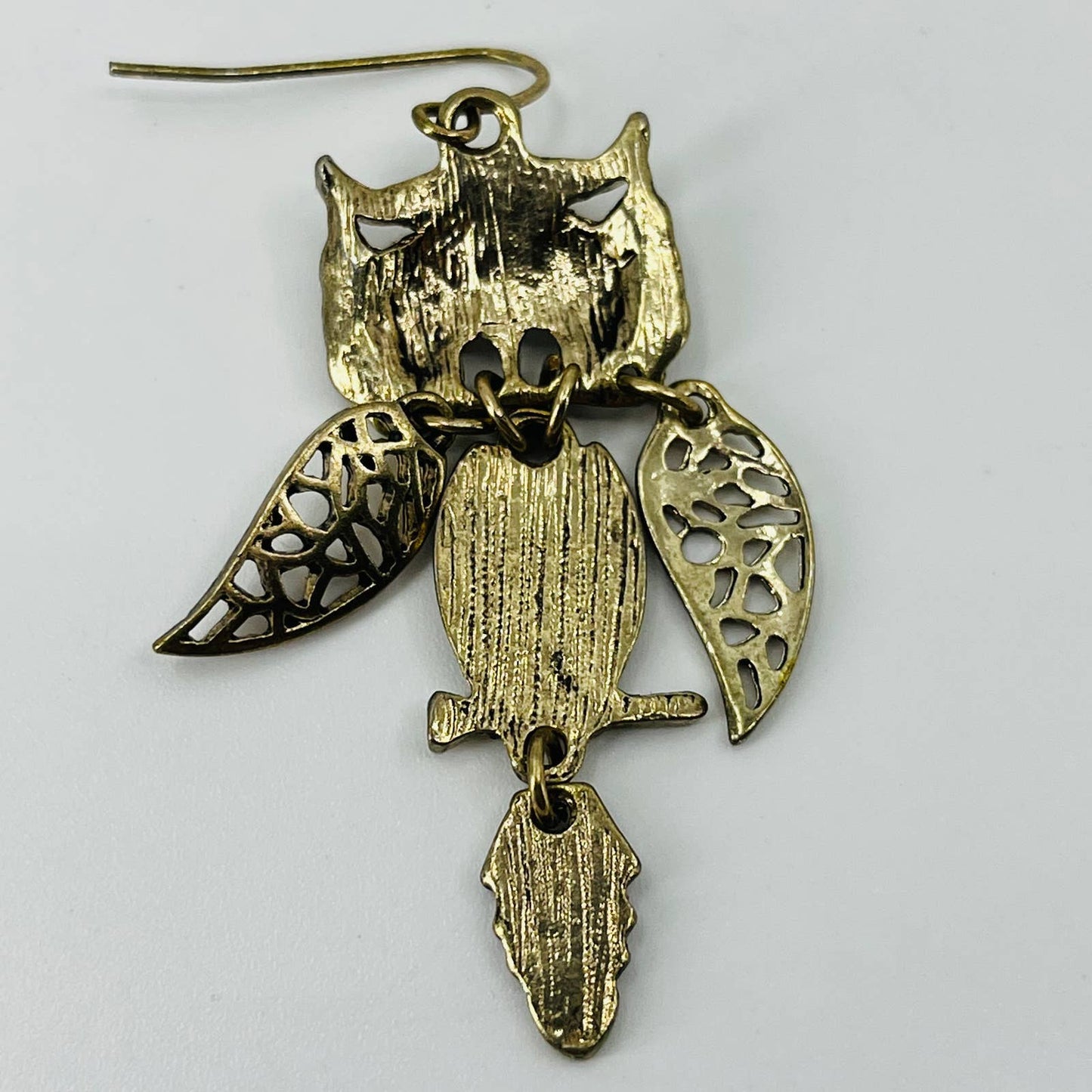 Vintage Gold Tone Owl Topaz Rhinestone Eyes Dangle Single Earring SB2