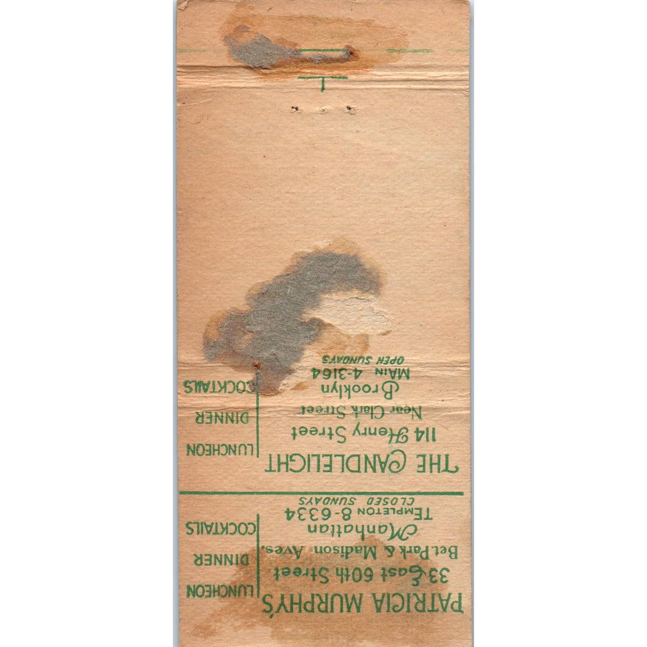 Patricia Murphy's Candlelight Restaurant Brooklyn Advertising Matchbook SA1-M11