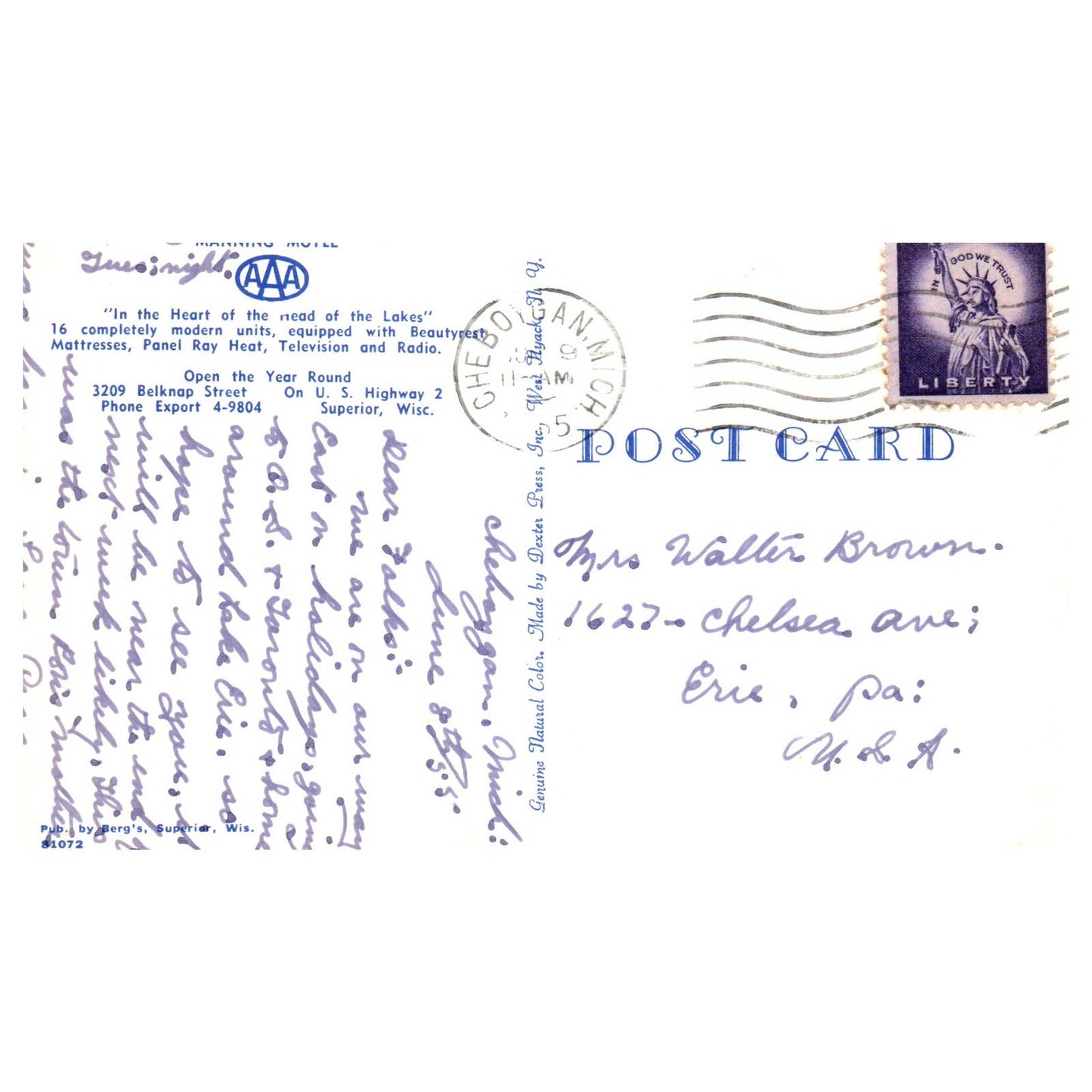 Manning Motel AAA Superior WI 1965 - Postcard TJ8-1