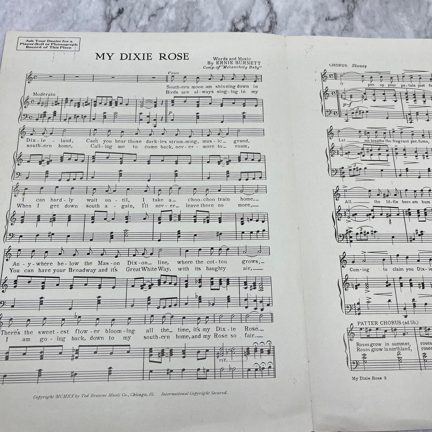 MY DIXIE ROSE Ernie Burnett 1920 Vintage Sheet Music V39-3