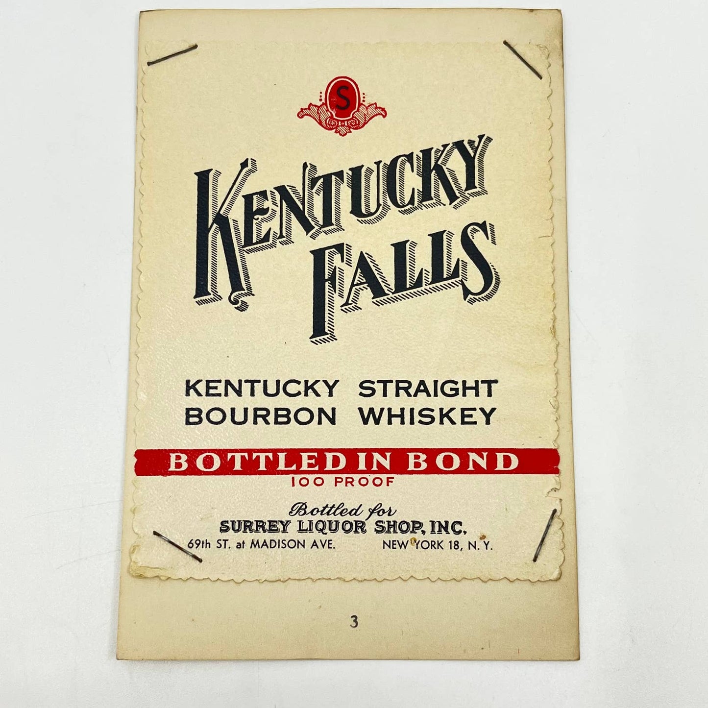 Kentucky Falls Bourbon Whiskey Label Surrey Liquor Shop Madison Ave New York NY