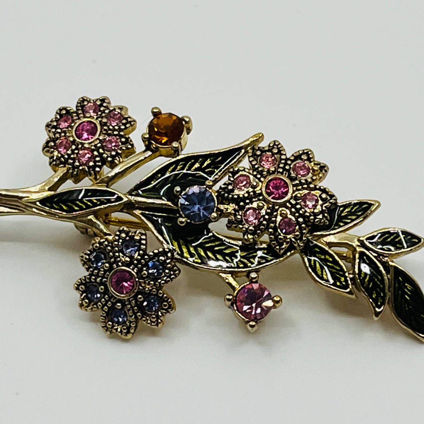 Art Nouveau Flower Bouquet Brooch Gold Tone Enamel Multi Color Rhinestone 2” SA6