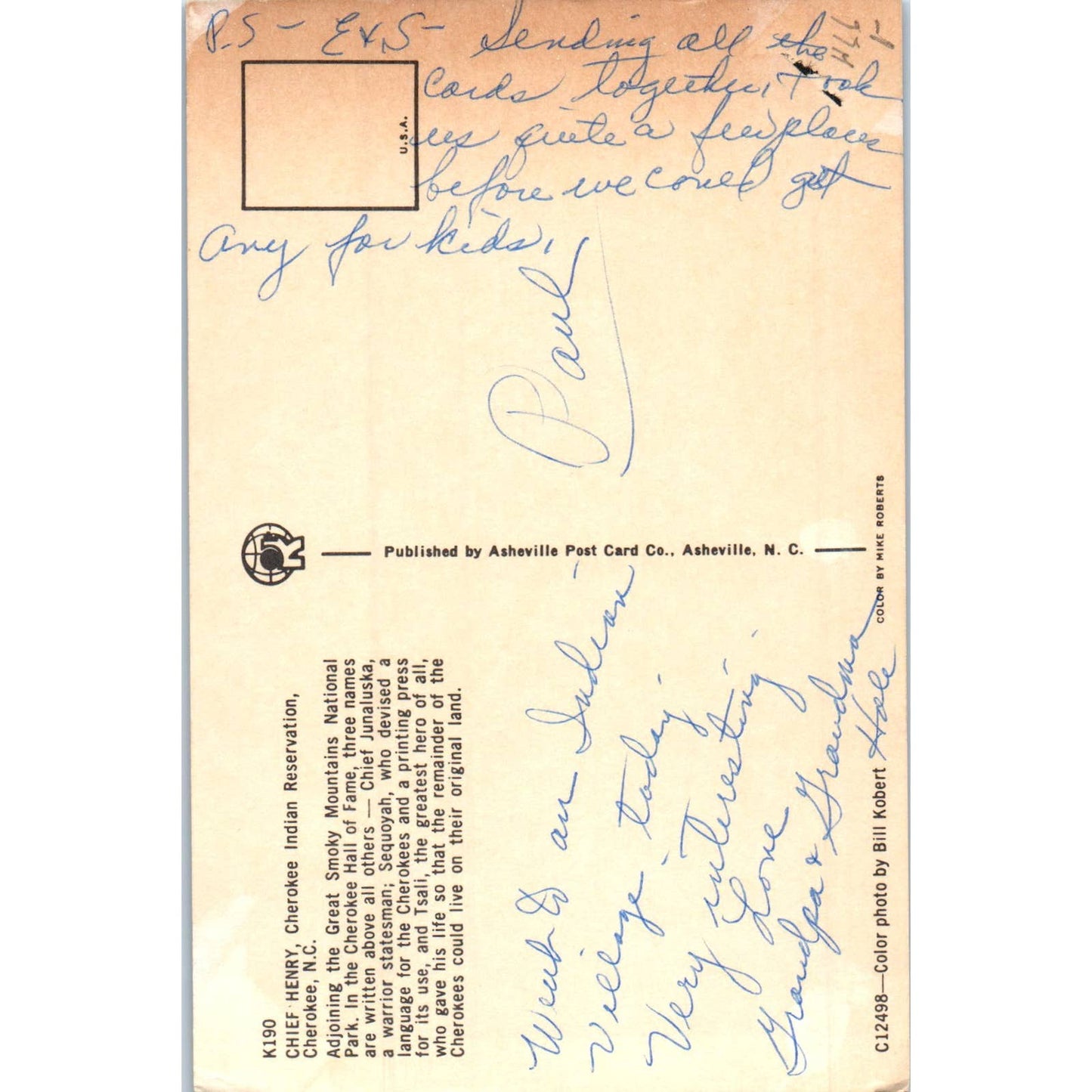 Chief Henry, Indian Reservation - Cherokee NC Original Postcard TK1-P12