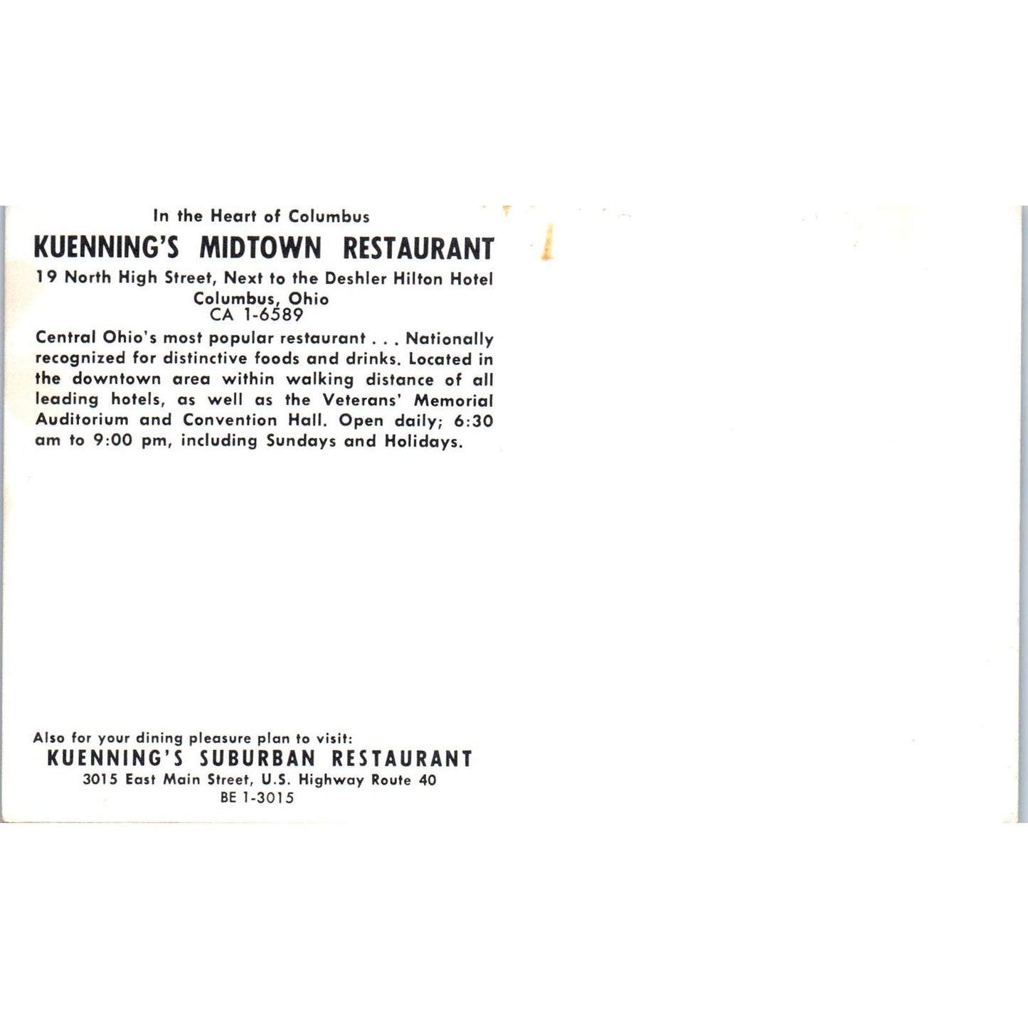 Vintage Postcard Kuenning's Midtown Restaurant Interior View Columbus Ohio TD9