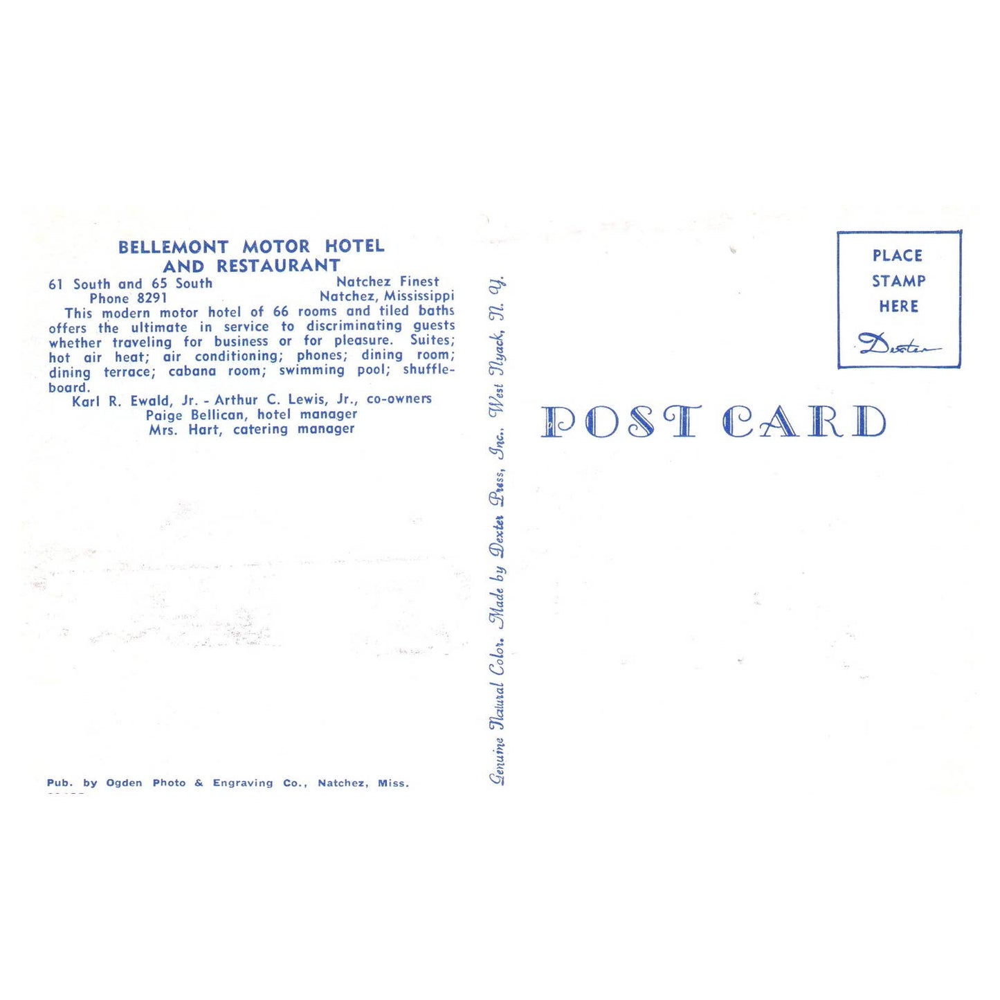 Vintage Postcard- Bellemont Motor Hotel and Restaurant Natchez Mississippi TJ6-1
