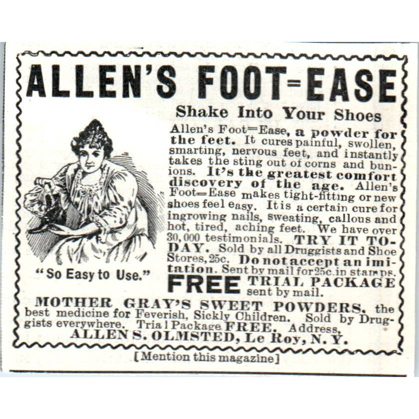 Allen's Foot Ease Shoe Powder Allen S. Olmstead LeRoy NY 1903 Original Ad TJ7-L