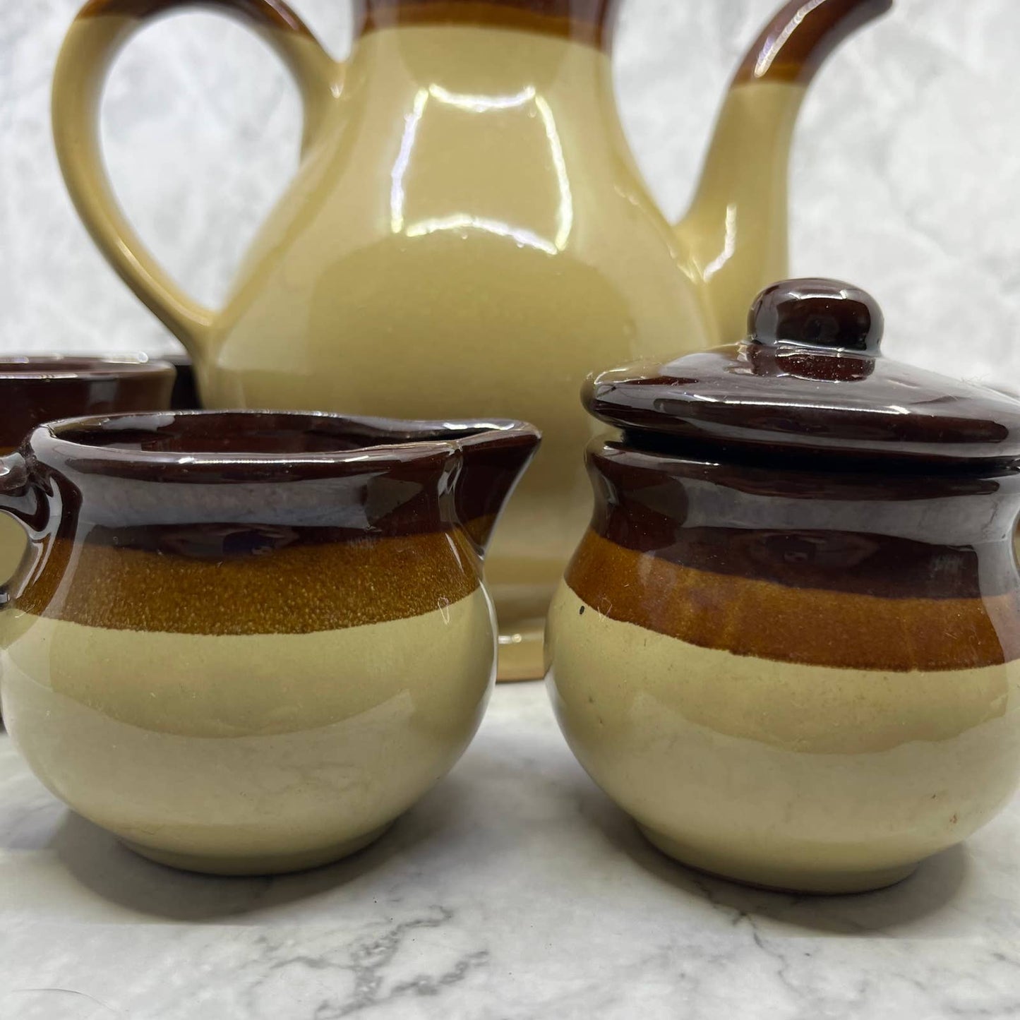 Vintage Retro Coffee Tea Set Brown Stoneware Complete 11pc Set Service For Six