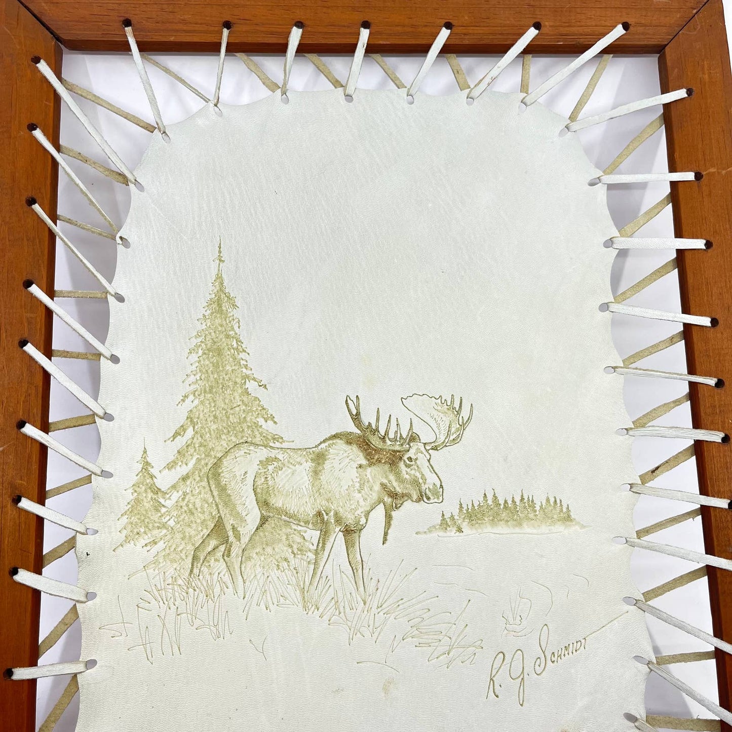 Vintage Large Framed Tooled Leather Art Moose Scene R. J. Schmidt 20x16”