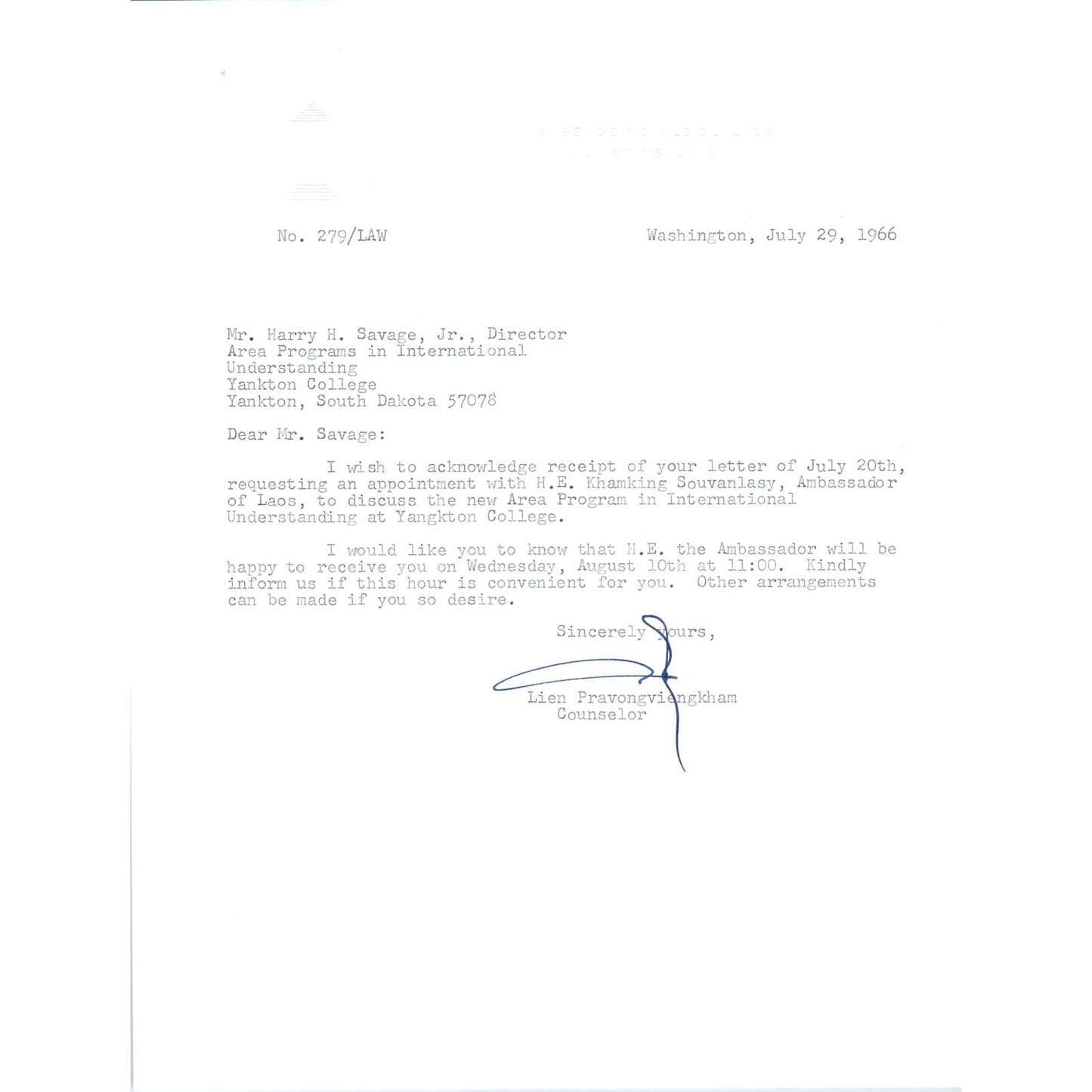Laos Ambassador to the US Letterhead Memo Lien Pravongviengkham 7/29/66 TK1-P9