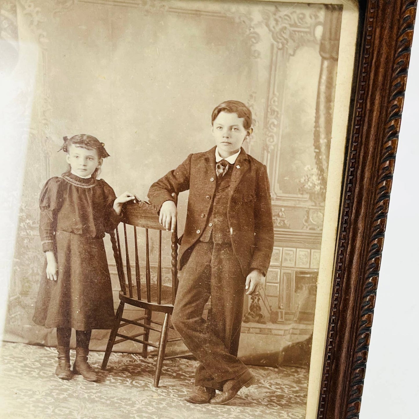 1880s Photograph Boy & Girl Siblings in Victorian House Ornate Carved Frame TC8