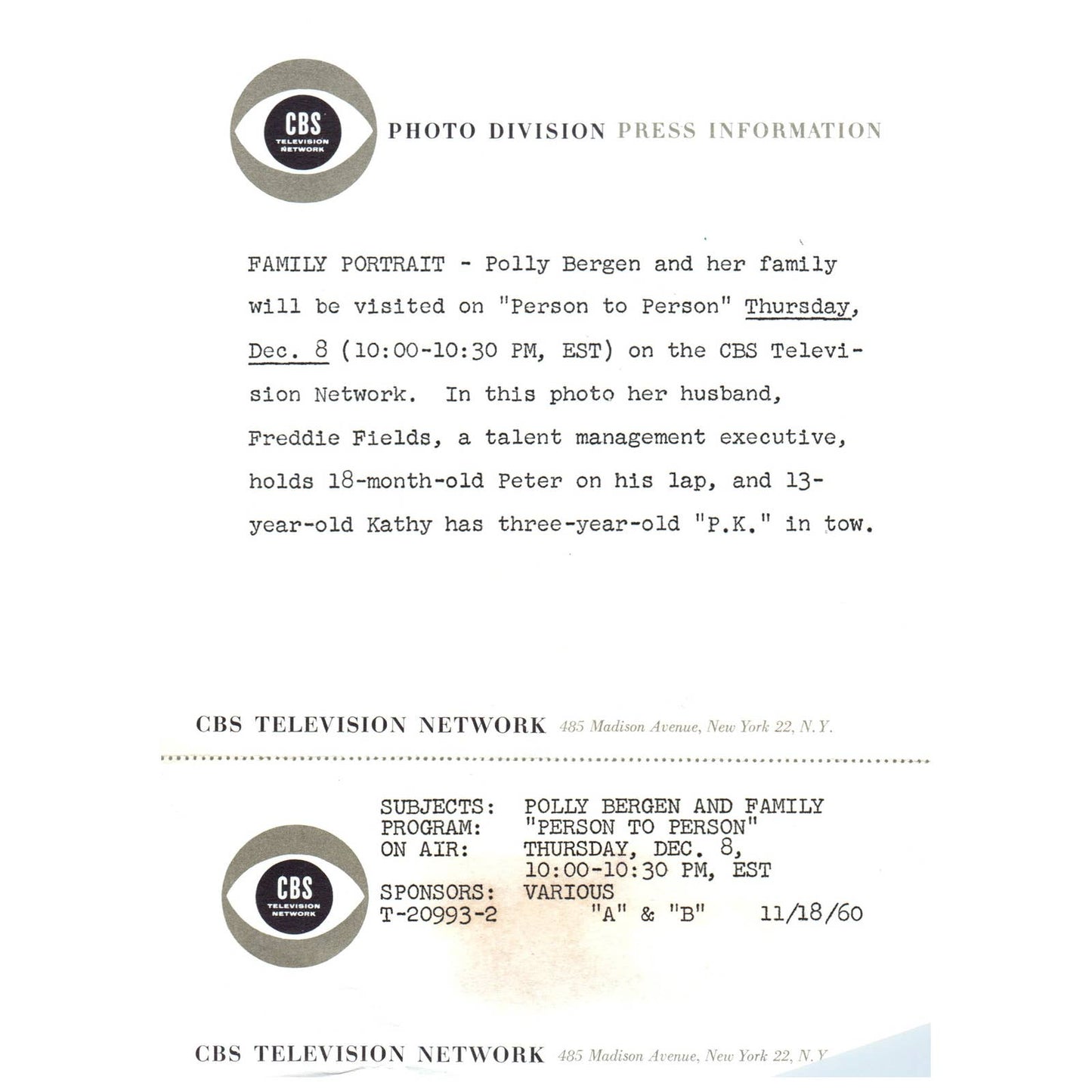 c1960 Press Photo Polly Bergen Freddie Fields Person to Person CBS TJ7-1