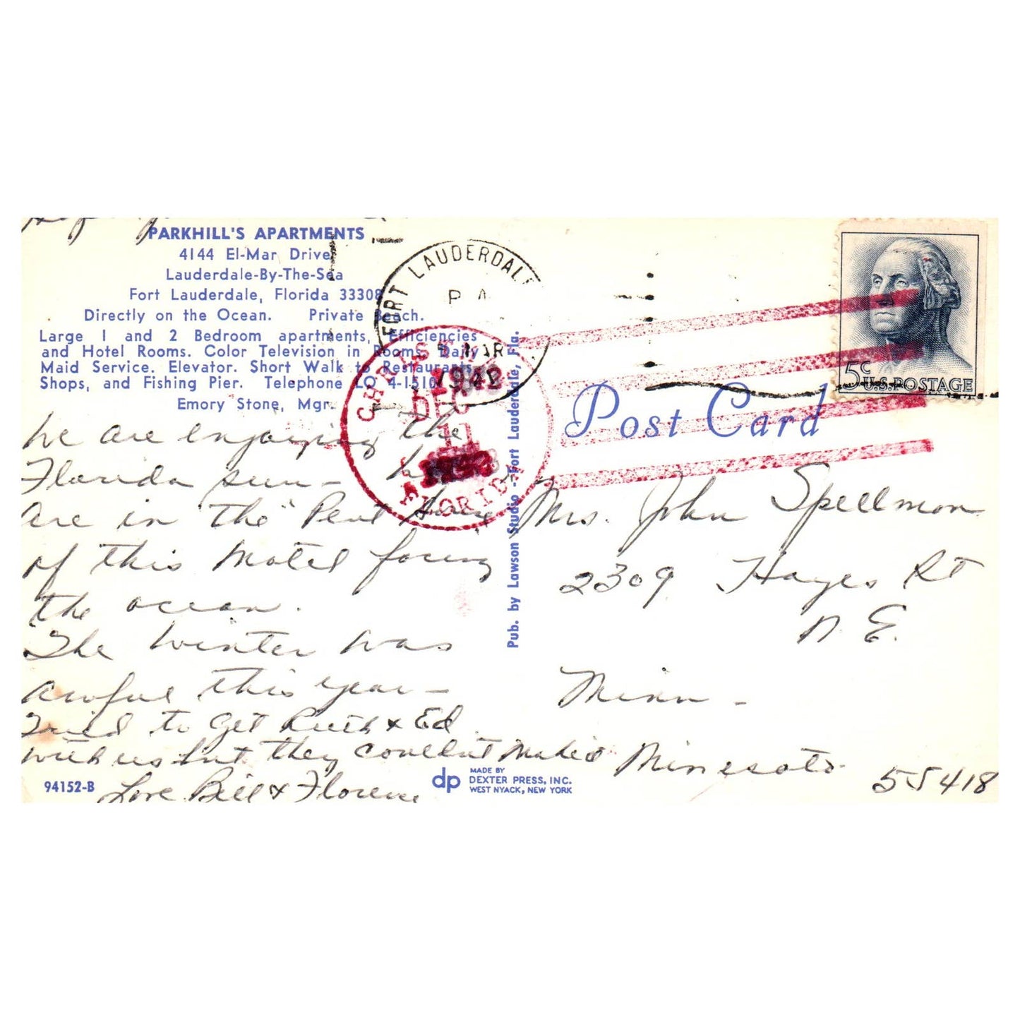 Vintage Postcard - Parkhill's Apartments 1942 Fort Lauderdale FL AD9