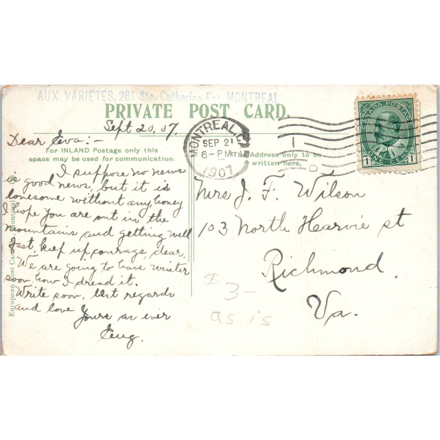 Jacques Cartier Market Montreal 1907 - Original Postcard TJ7-RP3
