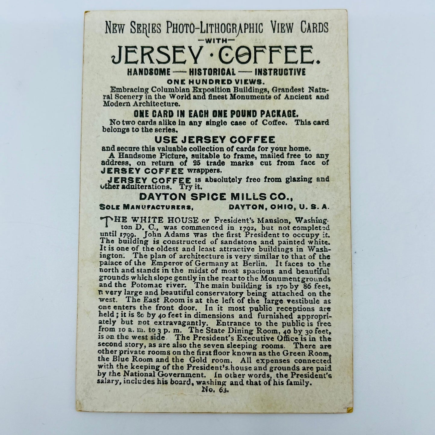 1890s Trade Card Jersey Coffee Dayton Washington White House East Room SAH9-M11