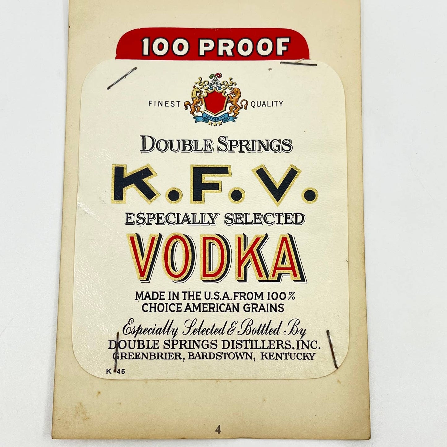 Double Springs KFV Vodka Label Double Springs Distillers Greenbrier KY