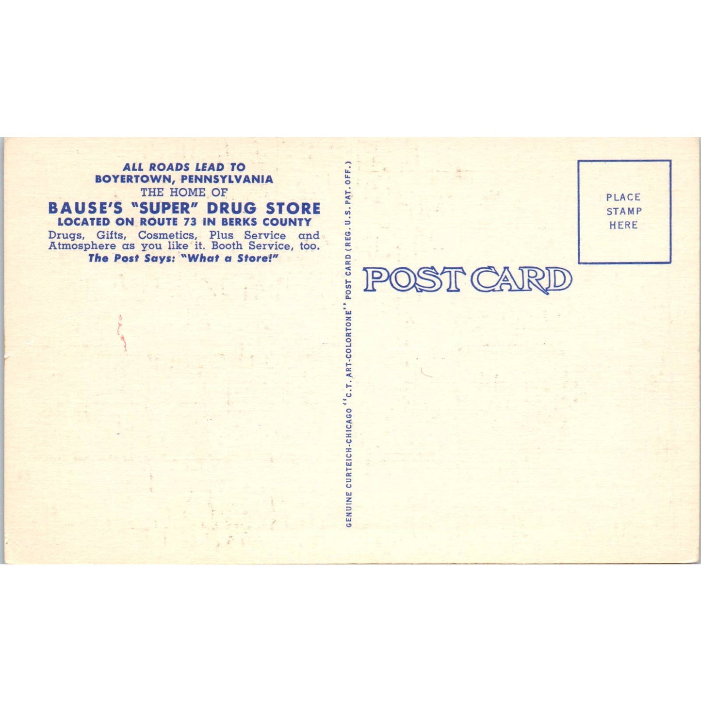 Vintage Postcard Bause's Super Drug Store Boyertown PA TD9-P1