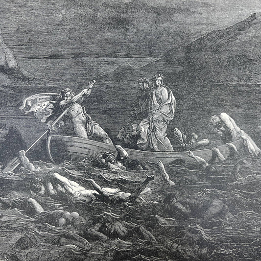 Original 1880s Gustave Dore Engraving Divine Comedy Phylegyas Ferryman Styx FL4