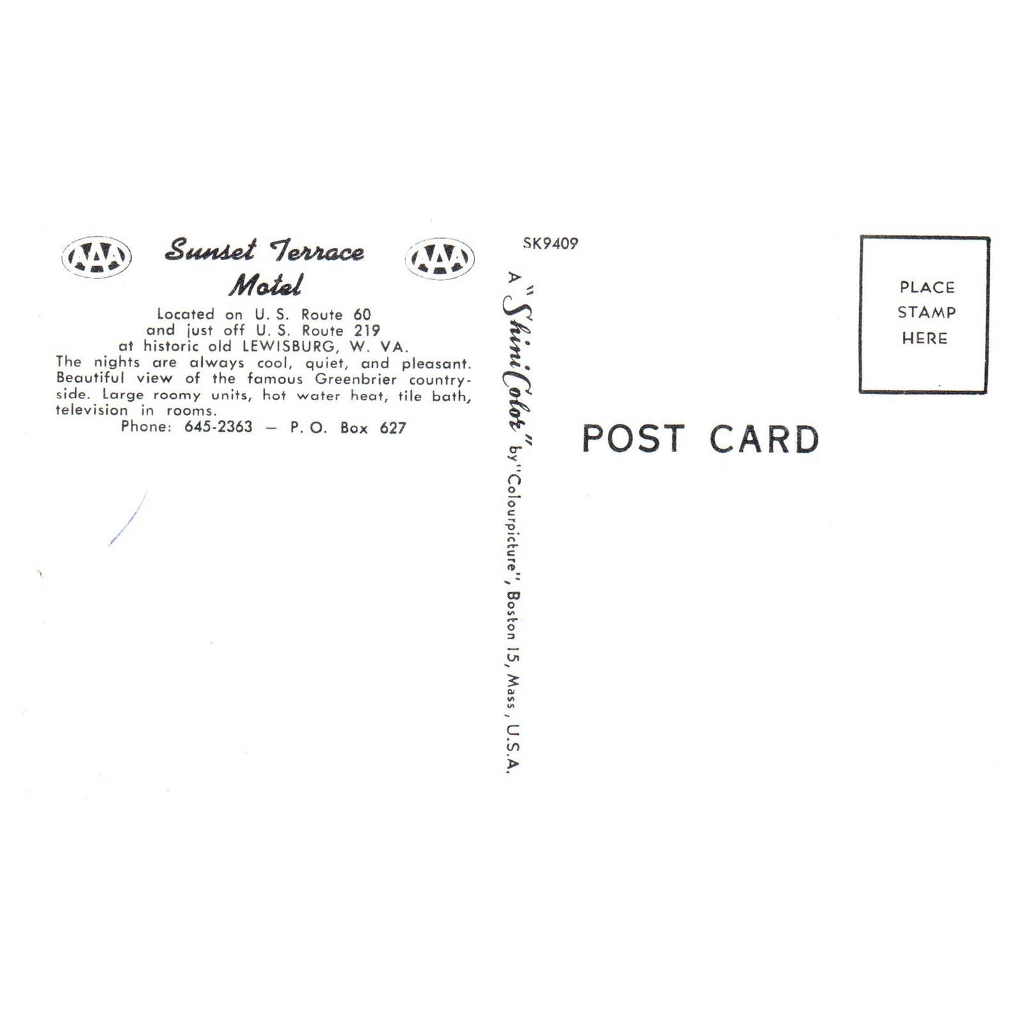 Vintage Postcard - Sunset Terrace Motel Lewisburg W. Va AD9