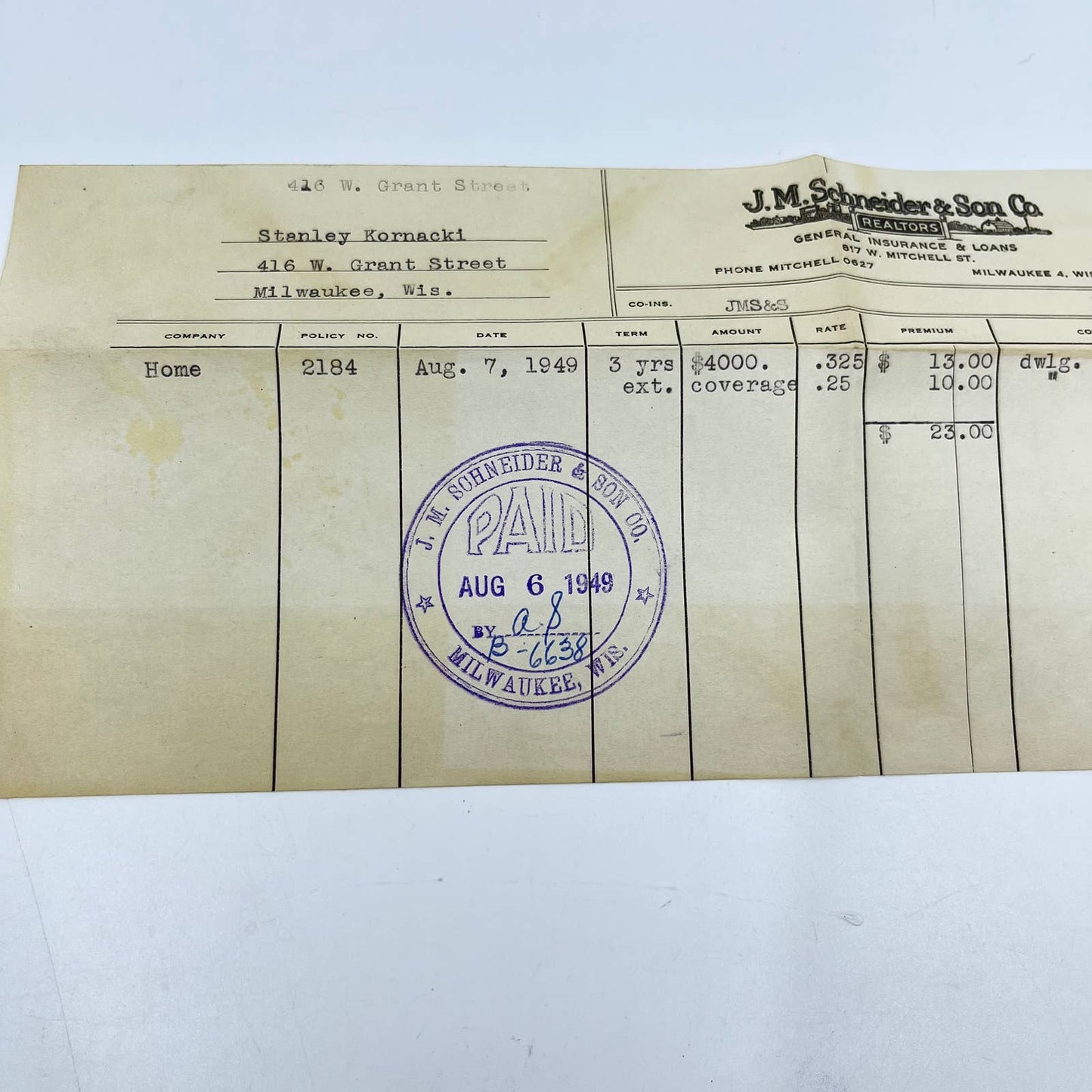 1949 J.M. Schneider & Son Co. Insurance Letterhead & Envelope Milwaukee WI AA7