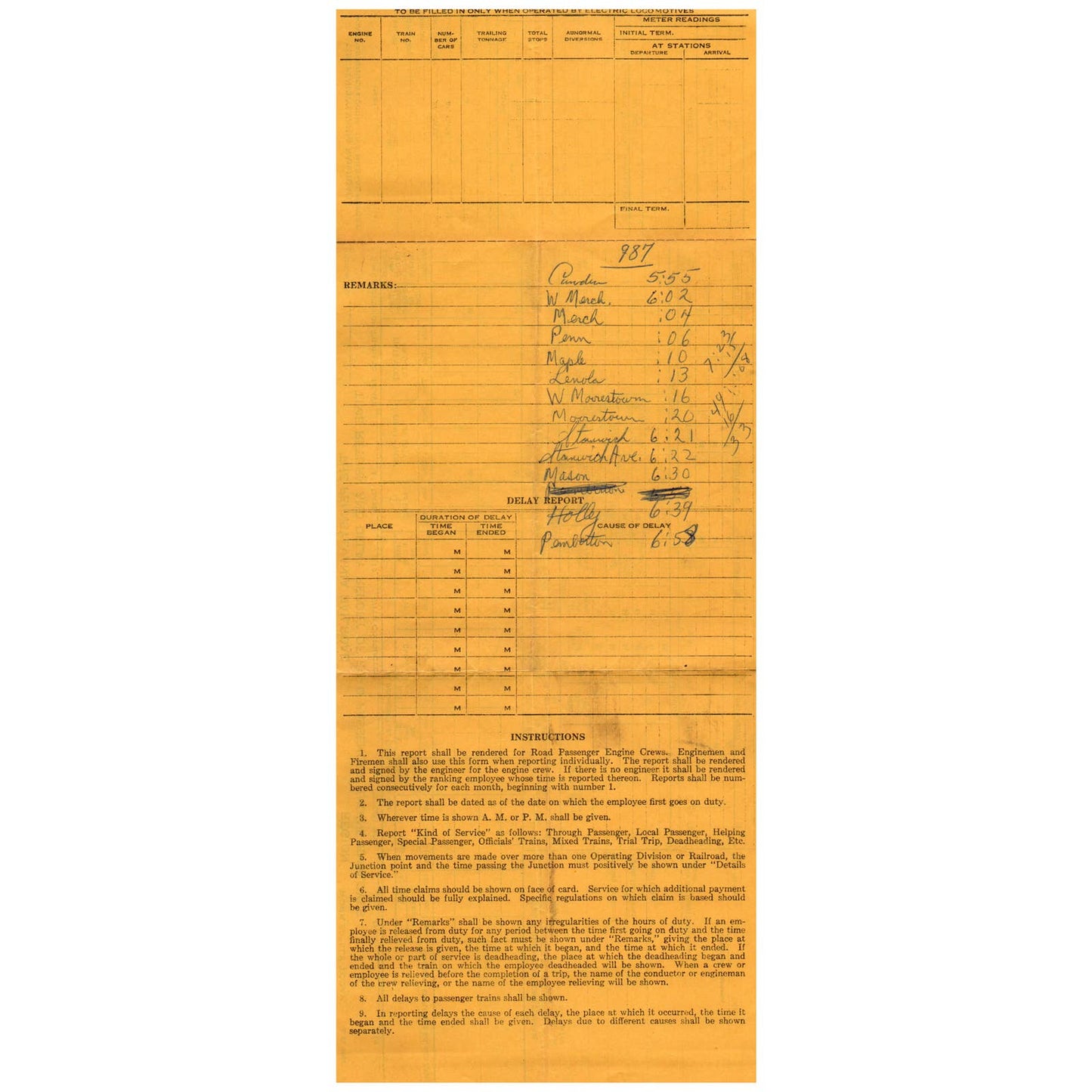 1958 The Pennsylvania Railroad Time Return and Delay Report Form AD8-3