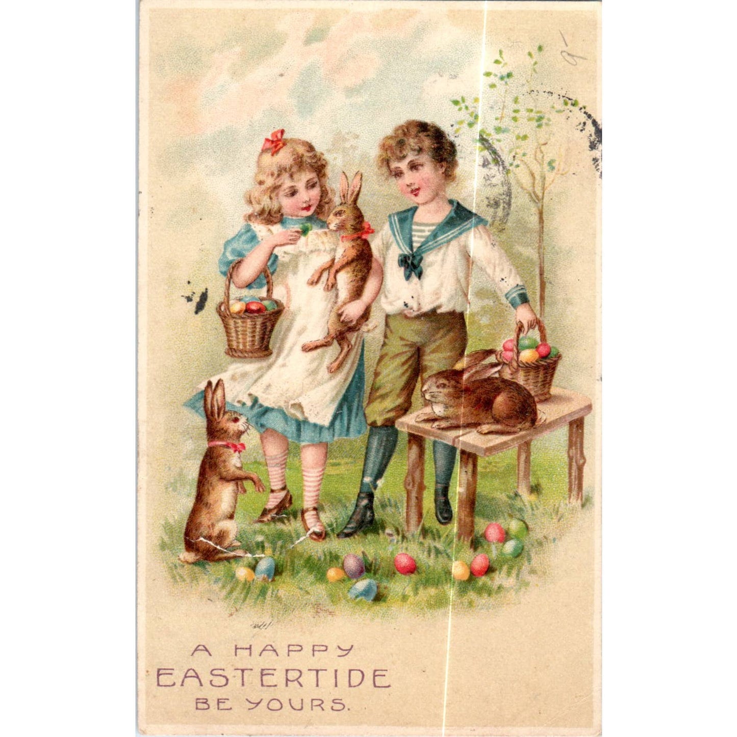 Easter Victorian Children With Rabbits 1907 Original Postcard TK1-P19