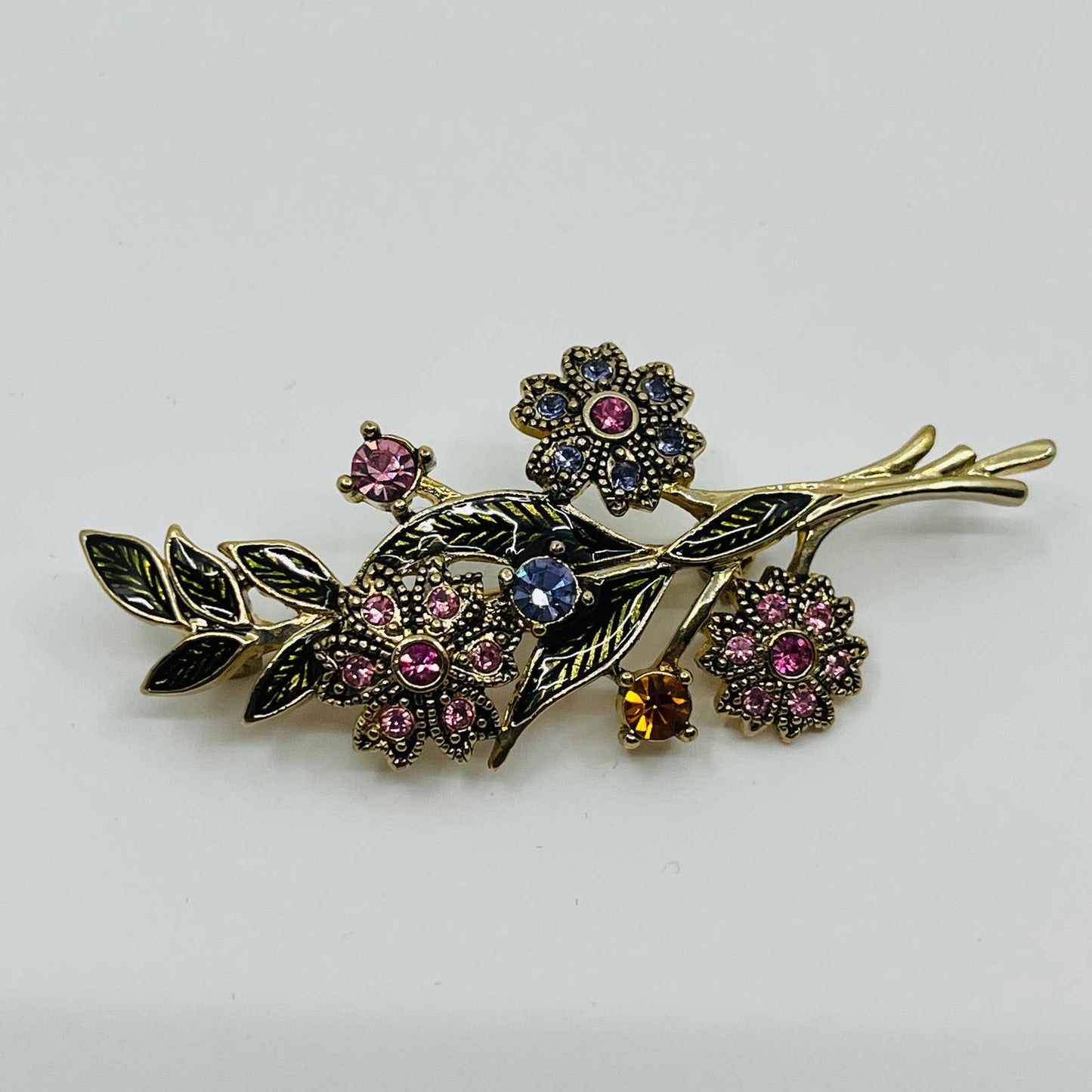 Art Nouveau Flower Bouquet Brooch Gold Tone Enamel Multi Color Rhinestone 2” SA6