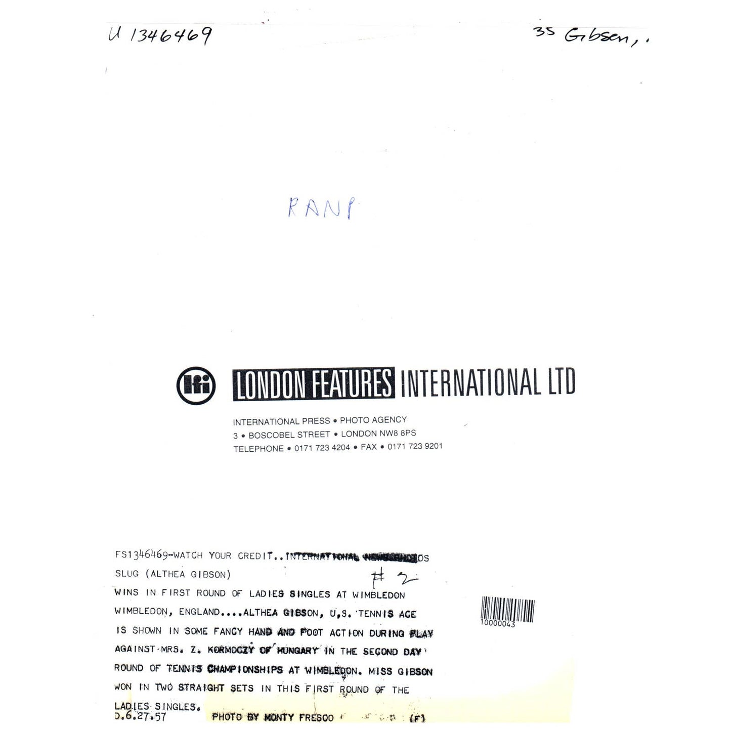 1957 Original Press Photo Women's Tennis Althea Gibson Wimbledon ~8x10" AD2