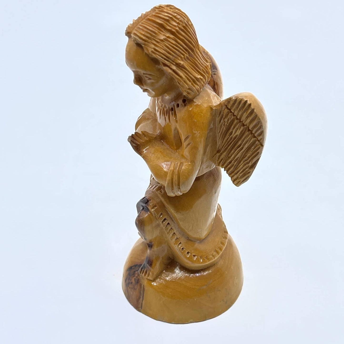 Vtg Solid Olive Wood Hand Carved Guardian Angel Praying 5” TF5