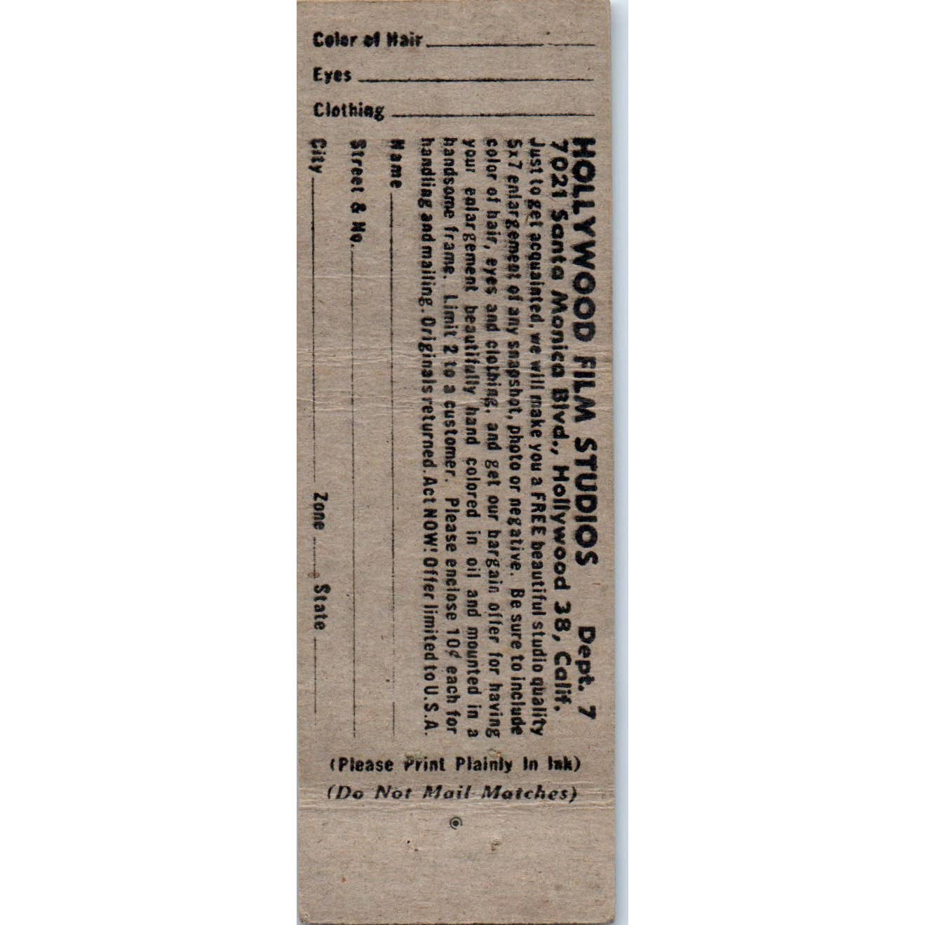 Vintage Matchbook Cover Hollywood Film Studios Photo Development California SE5