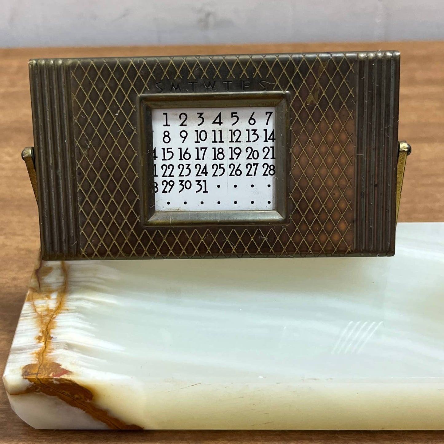 1952 Art Deco 50 Year Calendar Fountain Pen Holder Brass Desktop Marble Onyx TG5