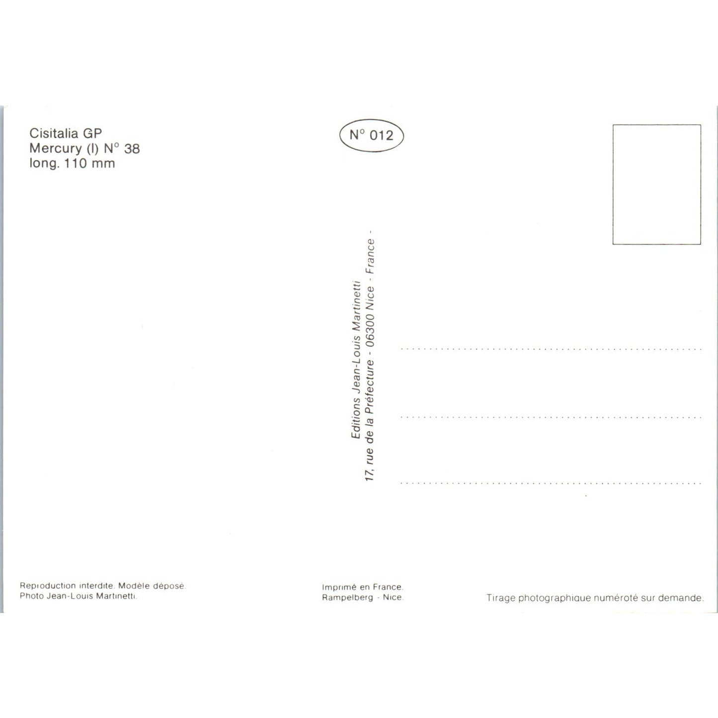 Cisitalia GP Mercury (I) N 38 French Toy Race Car Original Postcard TK1-P18