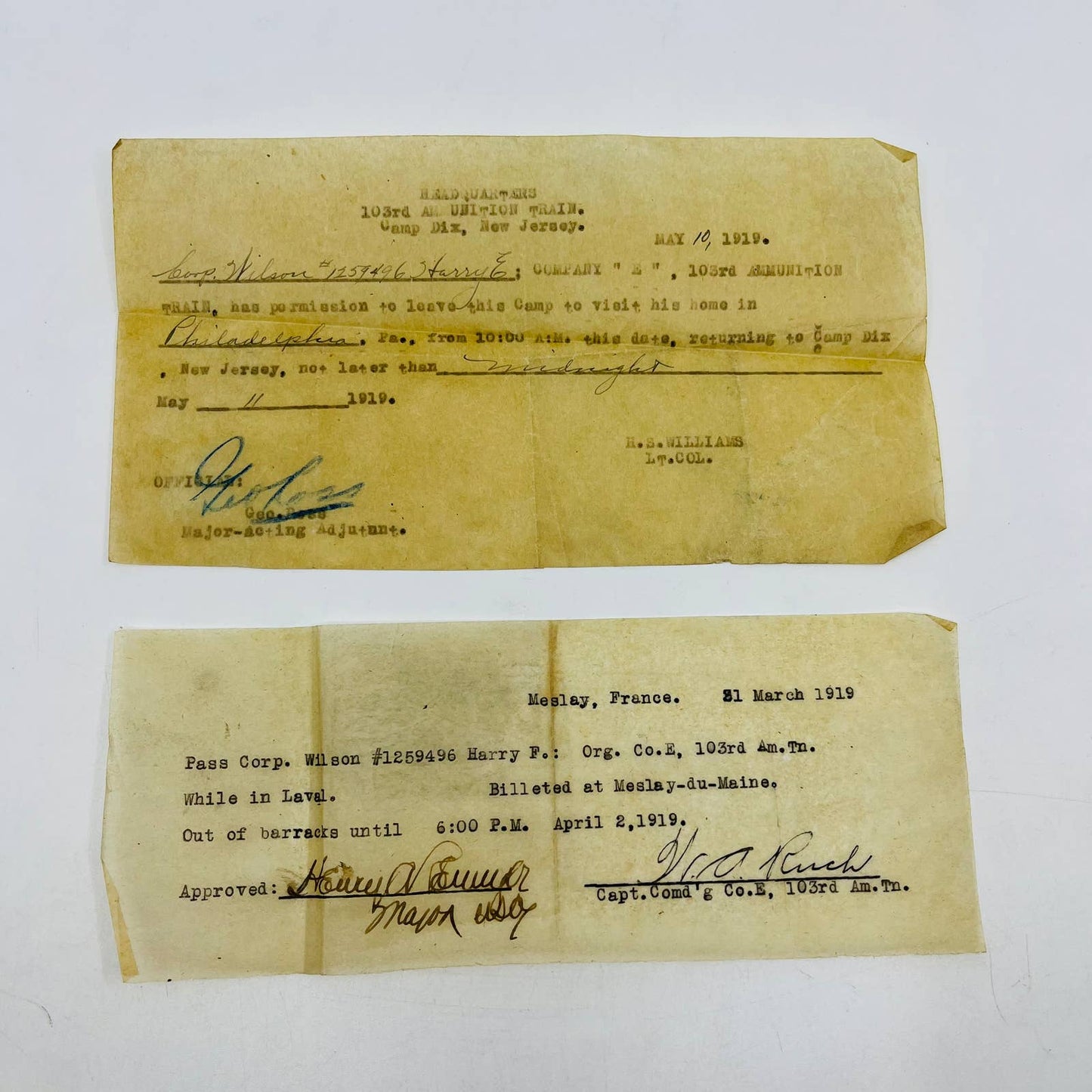 1917 WWI 28th Division 103rd Amm. Documents Corp. Harry E. Wilson Lot of 12 SC2