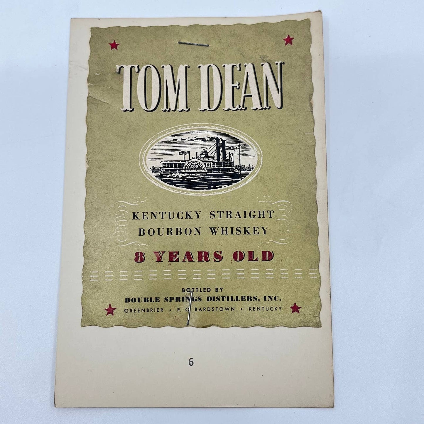 Tom Dean Bourbon Whiskey Label Double Springs Distillers Greenbrier KY