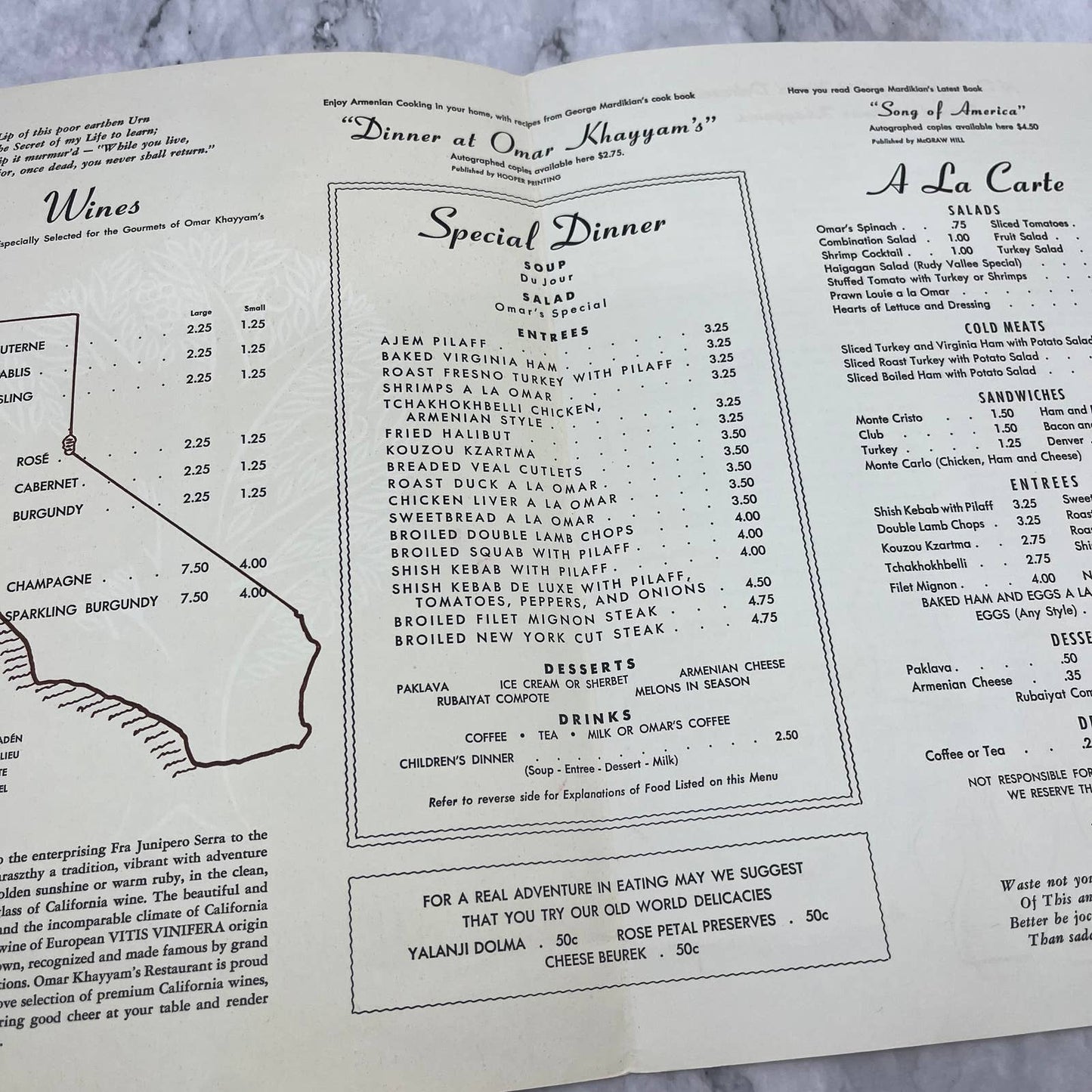 1950s George Mardikian's Dinner Menu Omar Khayyam's, San Francisco CA TD8