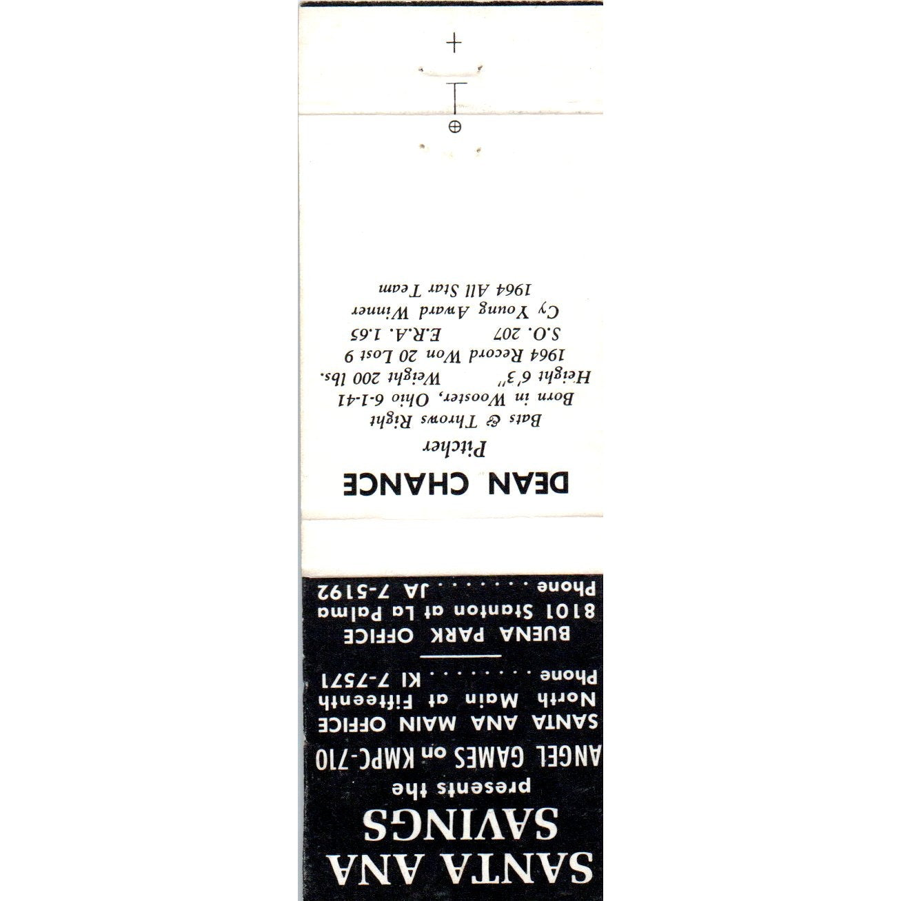 Santa Ana Savings Dean Chance Baseball Advertising Matchbook Cover MM9-9