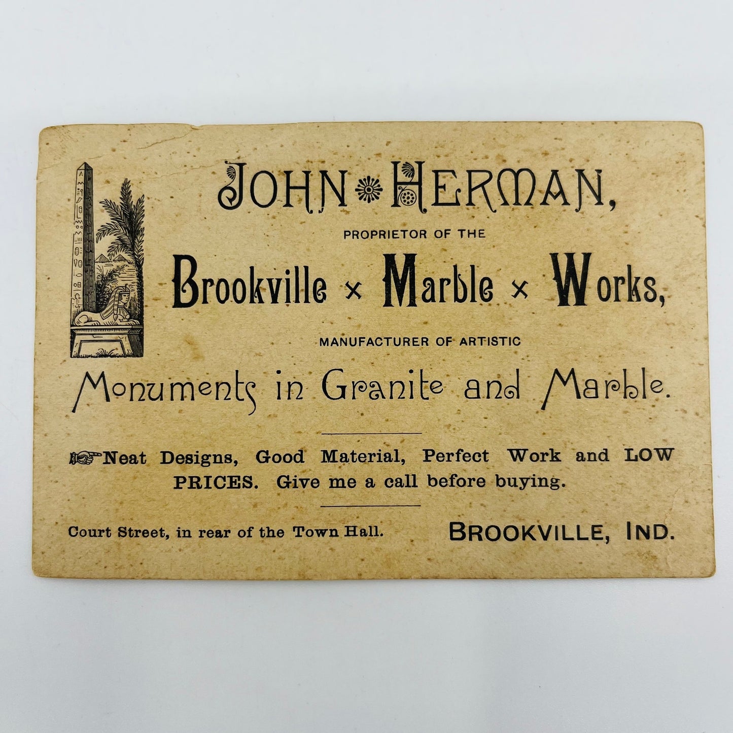 1880s Trade Card John Herman Brookville Marble Works IN Granite Monuments AH9-M8