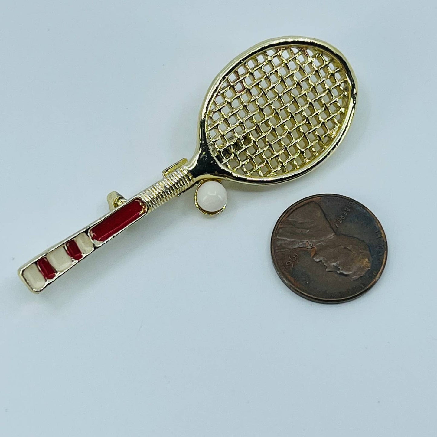 Vintage Gerry’s Enamel Paint Tennis Racket Brooch Gold Tone SA6