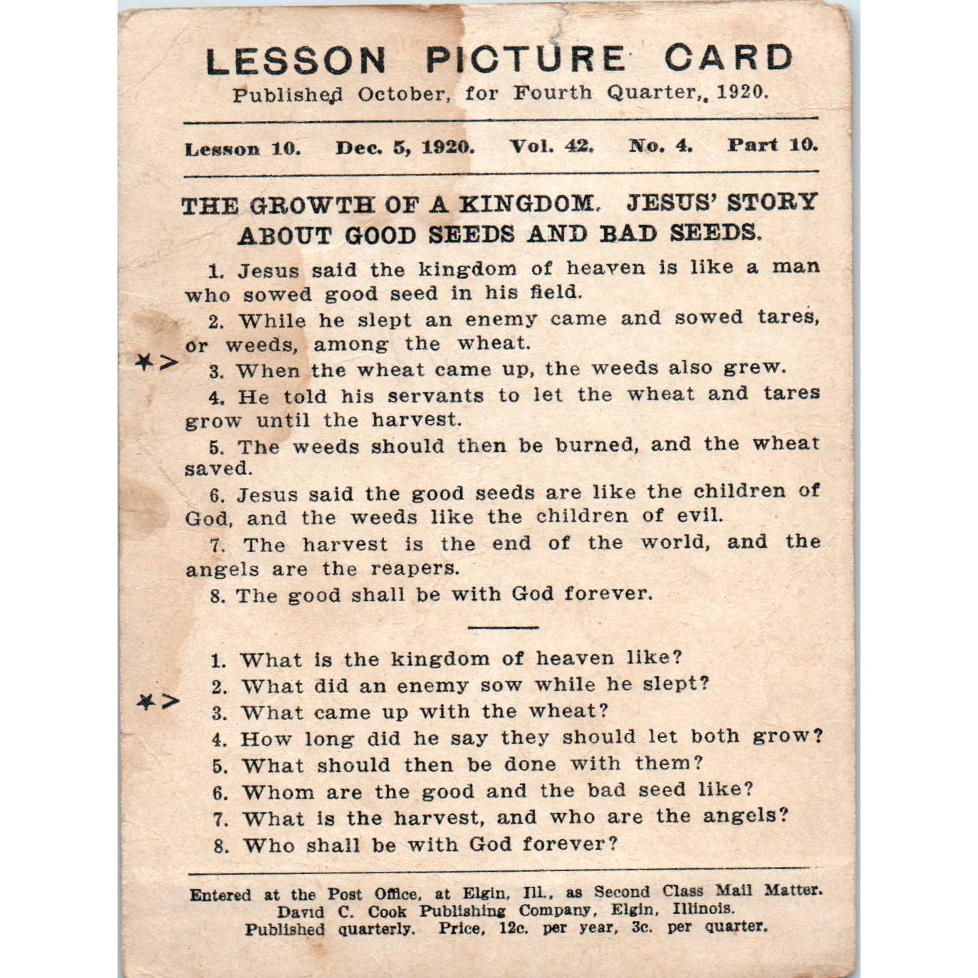 1920 Christian Lesson Picture Card Jesus' Story About Good & Bad Seeds SE5